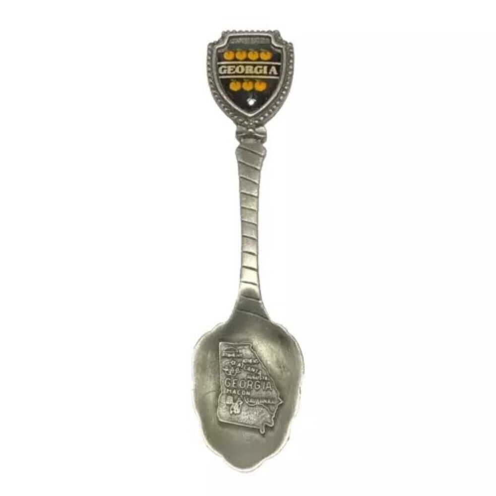 Georgia Souvenir Spoon‎ 3.5” Enamel Peaches Shield Pewter Stamped US Vintage
